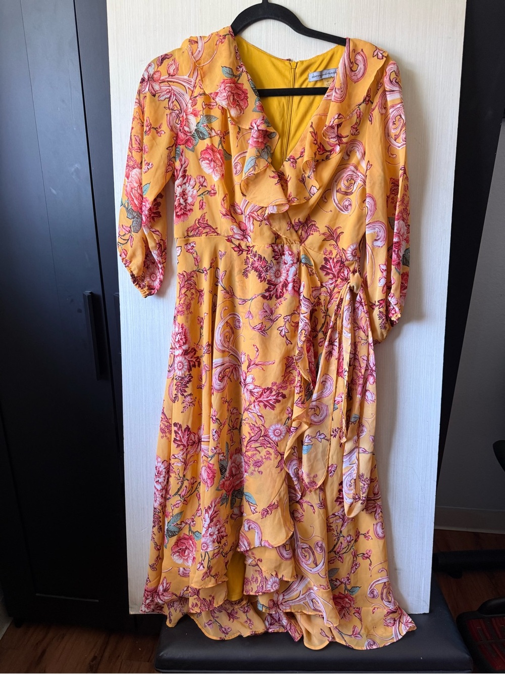 Danny and Nicole Floral Ruffle Wrap Midi Dress in Mustard